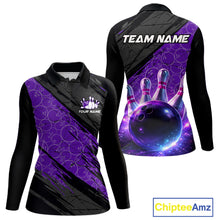 Load image into Gallery viewer, Black and Purple Bowling Camo Polo, 1/4 Zip Shirts for Women Custom Bowling Team League Jerseys NQS11700