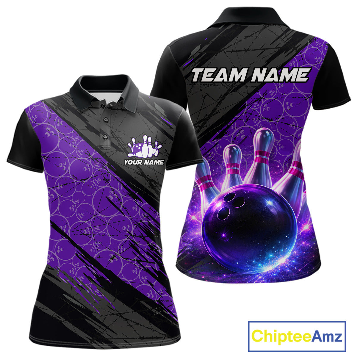 Black and Purple Bowling Camo Polo, 1/4 Zip Shirts for Women Custom Bowling Team League Jerseys NQS11700