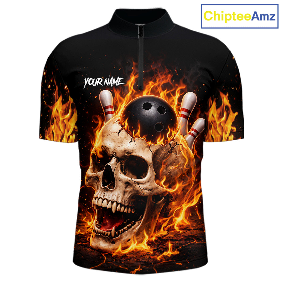 Flame Skull Bowling Polo, 1/4 zip shirts for men custom Skull team Bowling uniforms league jerseys NQS11577