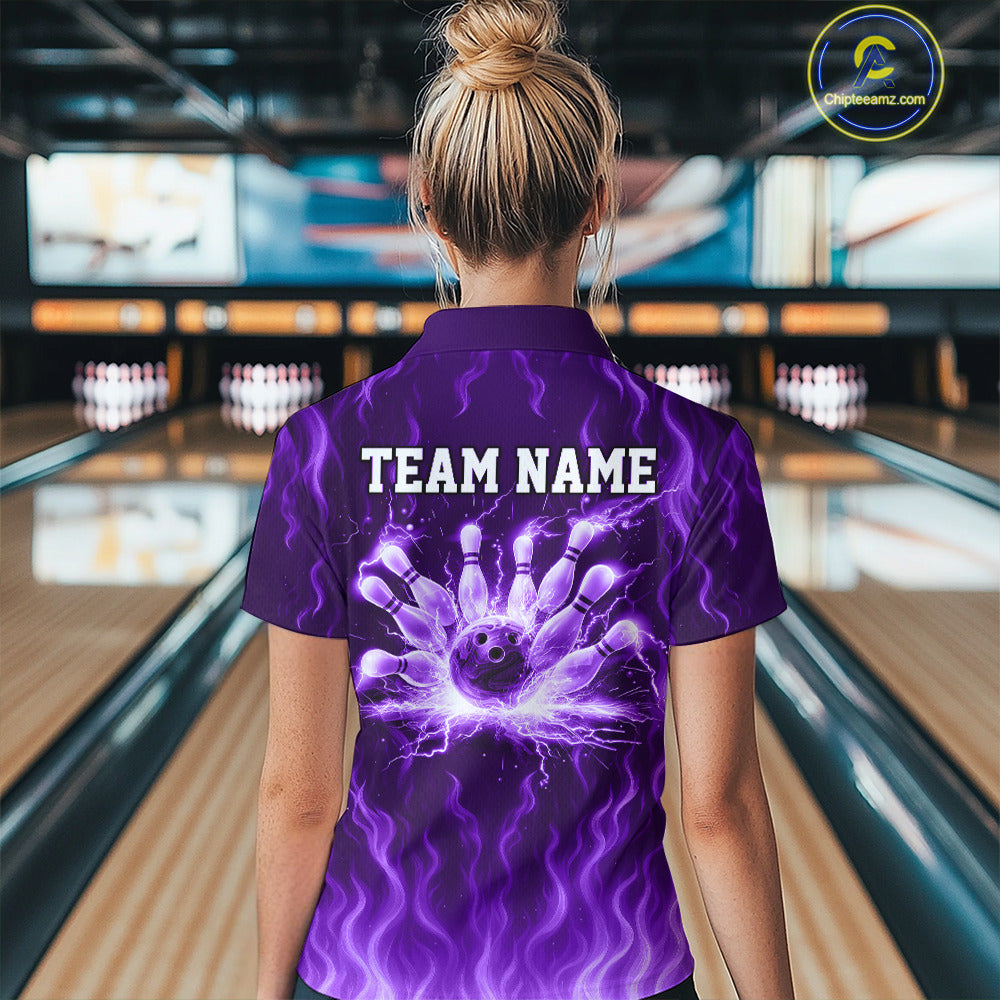 Purple flame lightning thunder Bowling polo, quarter zip shirts for Women custom Bowling team jerseys NQS10980