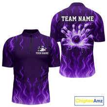 Load image into Gallery viewer, Purple flame lightning thunder Bowling polo, quarter zip shirts for men custom Bowling team jerseys NQS10980