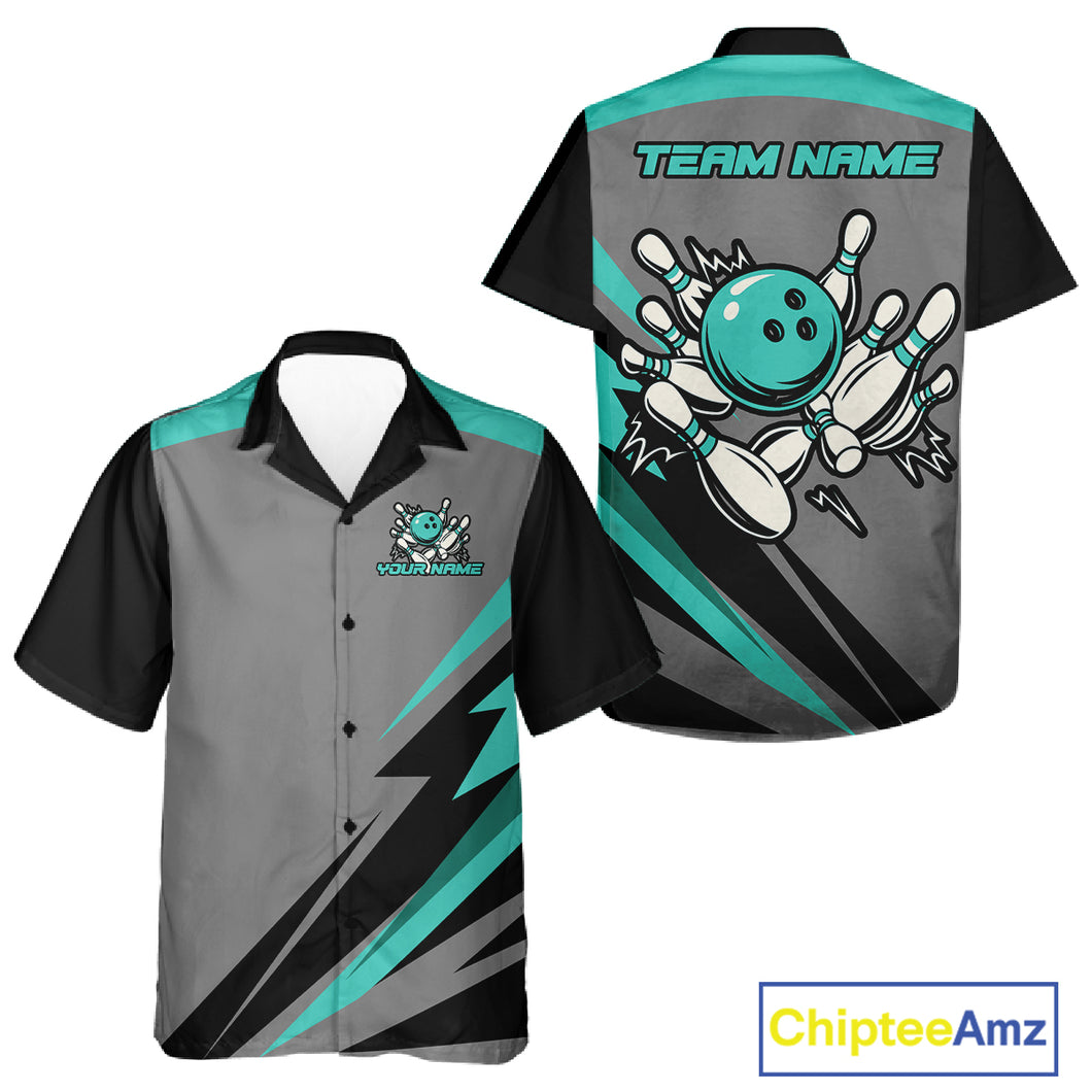 Personalized Gray and Turquoise Bowling Team Shirts Custom Bowling Hawaiian Shirt NQS10822