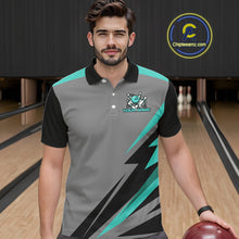 Load image into Gallery viewer, Personalized Gray and Turquoise Bowling Team Shirts For Men Custom Bowling Polo, Quarter Zip Shirts NQS10822
