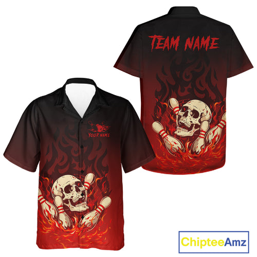 Red Skull Bowling Shirts With Flames custom Bowling Hawaiian team jerseys, gift for bowlers NQS10998