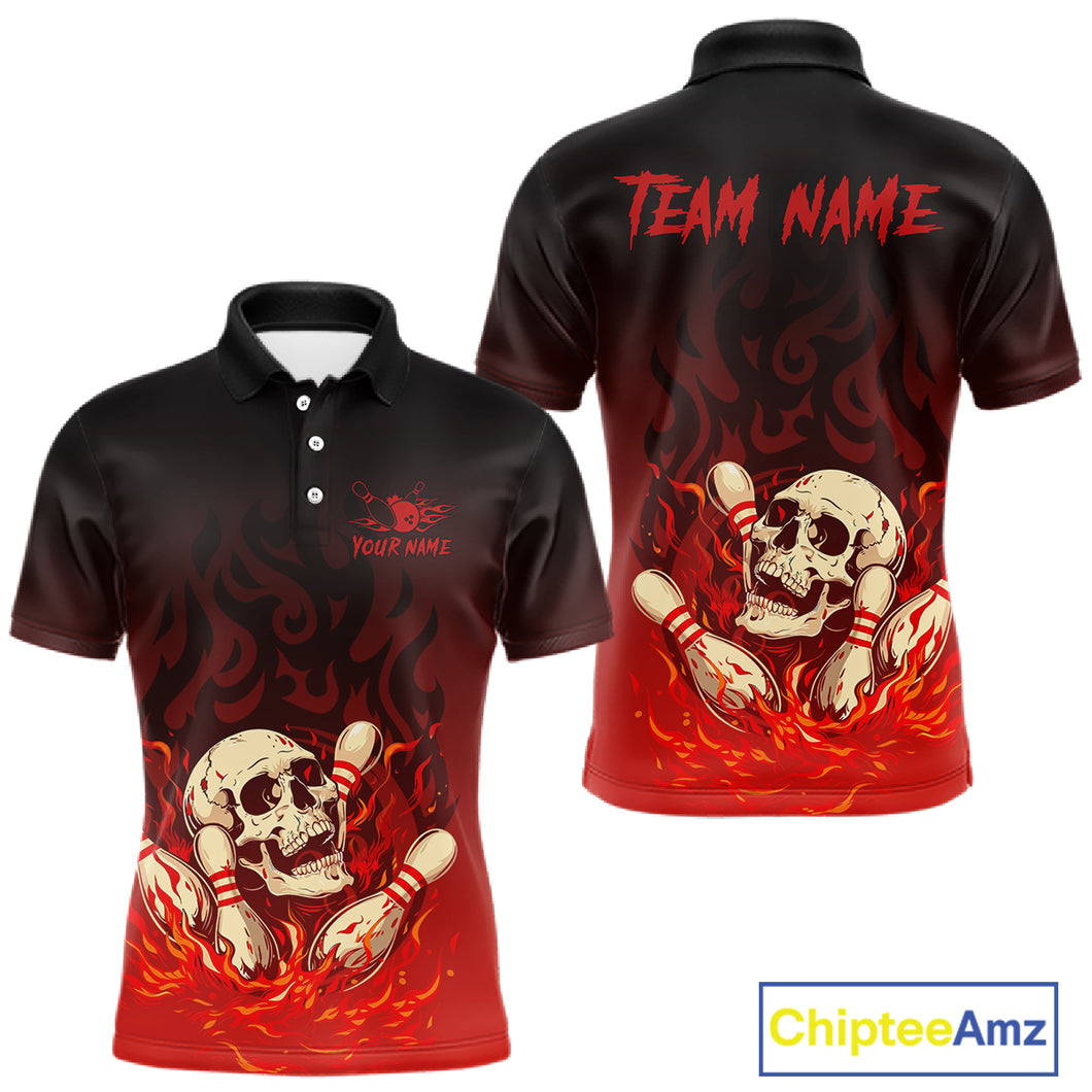 Red Skull Bowling Shirts With Flames custom quarter zip, polo team jerseys, bowling jerseys men NQS10998