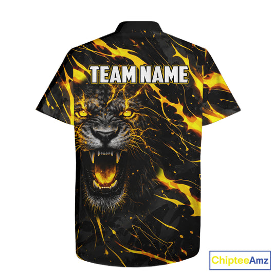 Custom Black & Gold Lightning Thunder Lion Bowling Hawaiian Shirts, Lion Team Bowling League Jerseys NQS11600