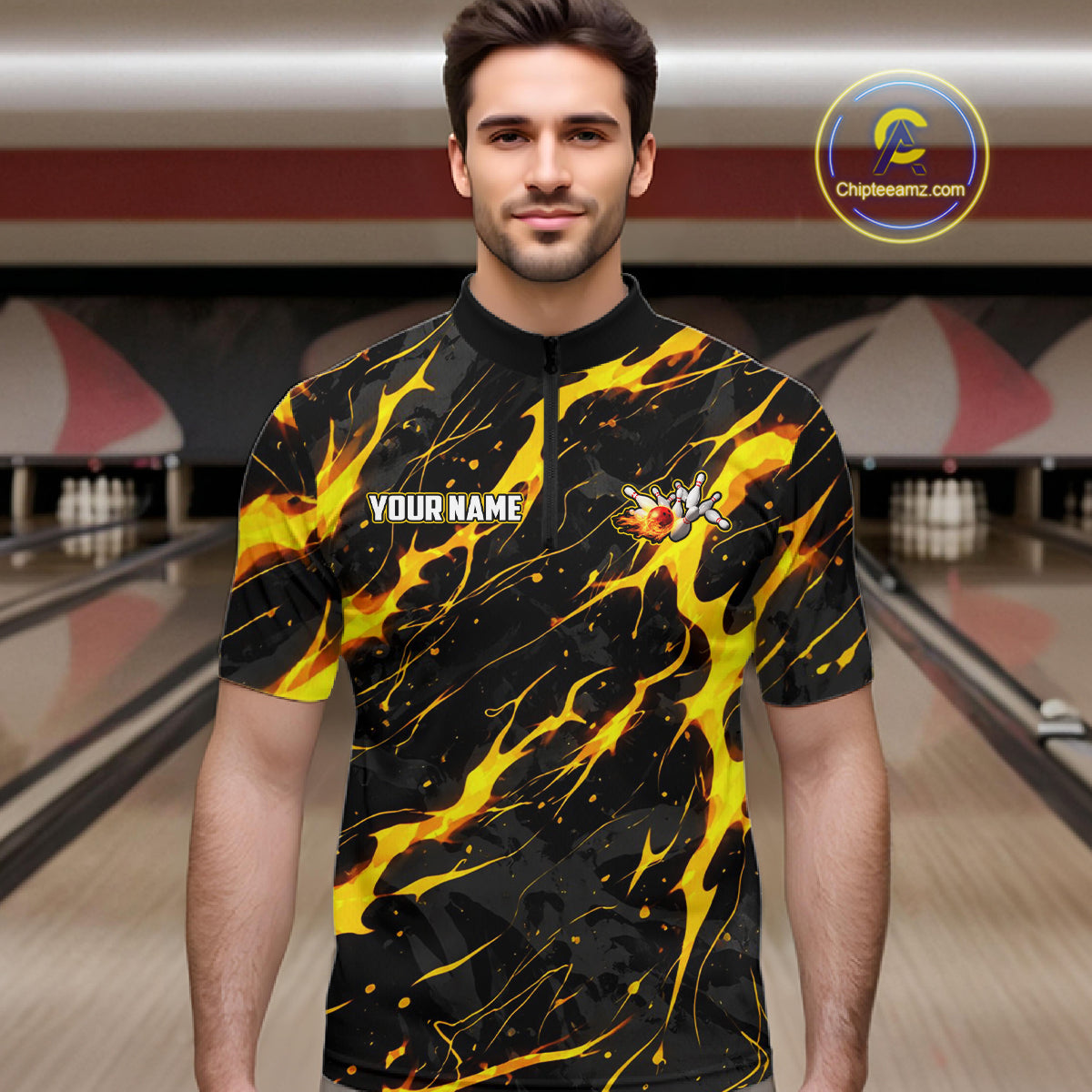 Custom Black and Gold Lightning Thunder Lion Bowling Shirts for Men, Lion Team Bowling League Jerseys NQS11600