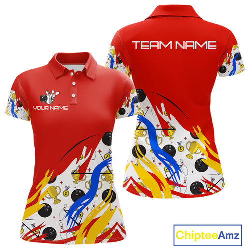 Red Bowling pattern Bowling Team Polo, Quarter Zip Shirt For Women Custom Ladies Bowling Jersey NQS10825