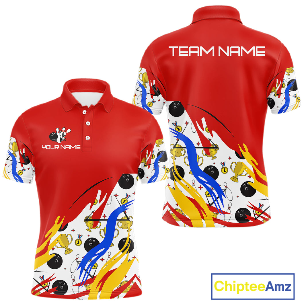 Red Bowling pattern Bowling Team Polo, Quarter Zip Shirt For Men Custom Mens Bowling Jersey NQS10825