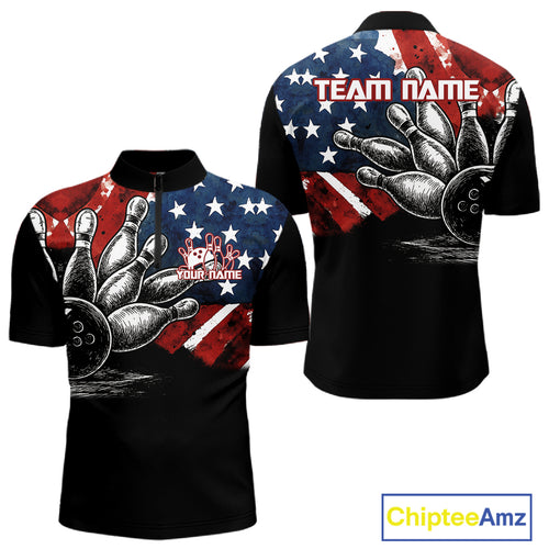 Personalized American Flag Bowling Team Shirts For Men, Patriotic Bowling Gifts NQS10829
