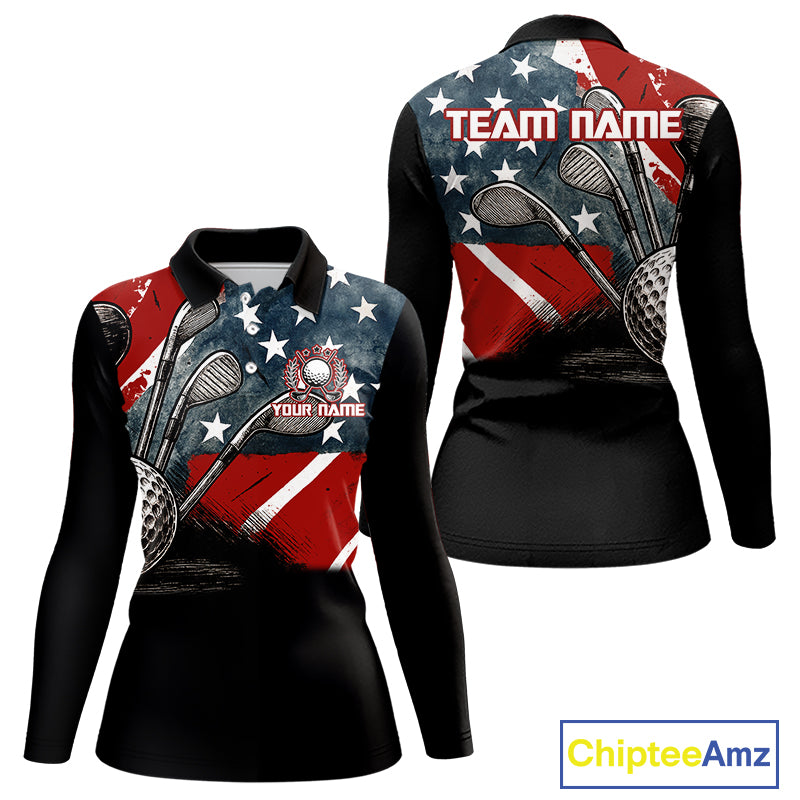 Personalized American Flag Golf Polo Shirts For Women, Patriotic Golf Gifts NQS10830