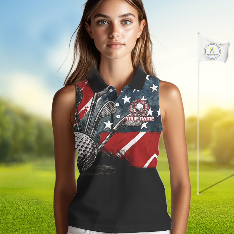 Personalized American Flag Sleeveless Golf Polo Shirts For Women, Patriotic Golf Gifts NQS10830