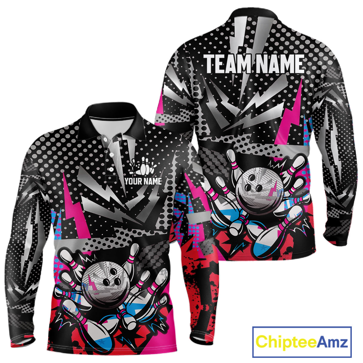Colorful Lightning pattern Bowling Polo, Quarter Zip Shirts For Men Custom Team Bowling Jerseys NQS11202