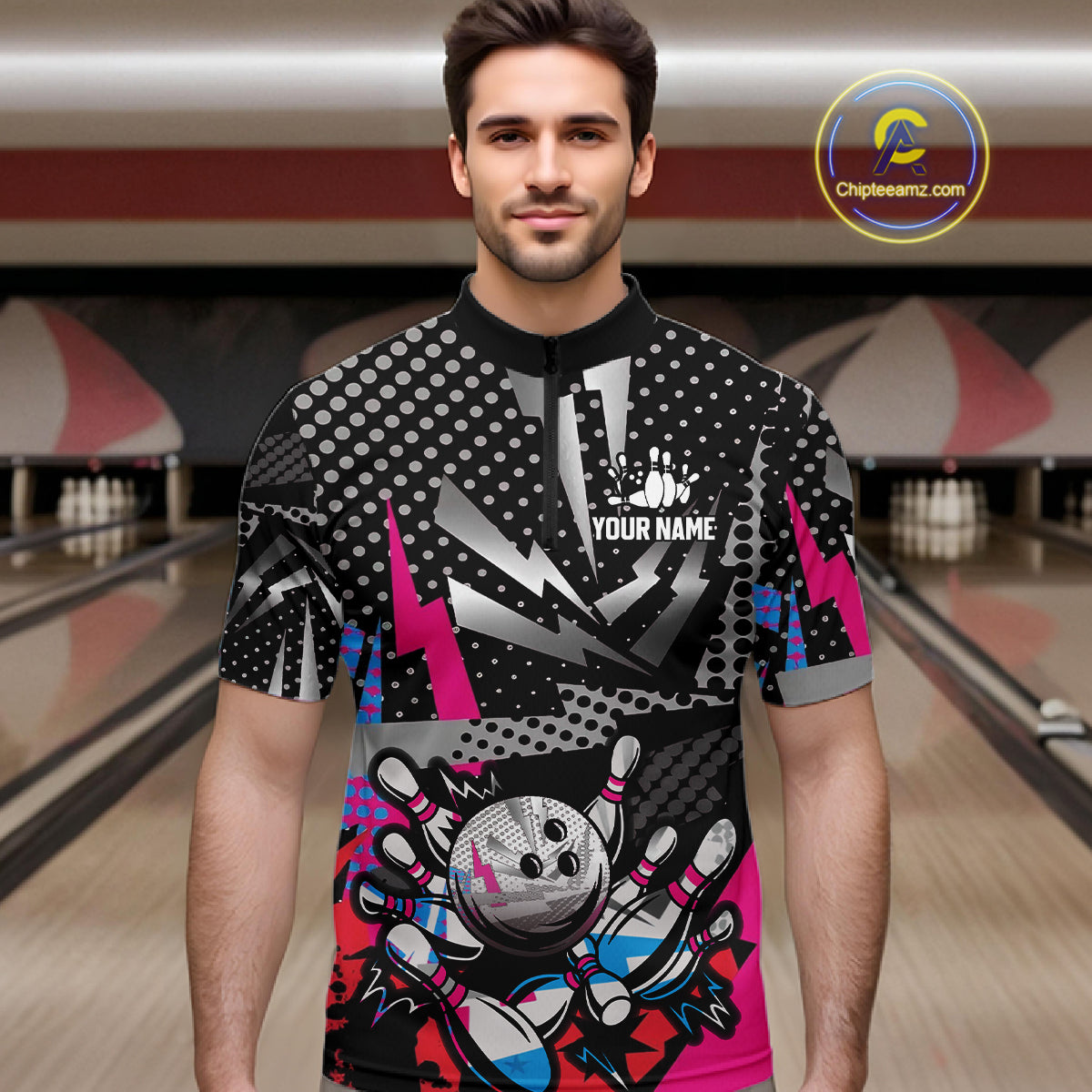 Colorful Lightning pattern Bowling Polo, Quarter Zip Shirts For Men Custom Team Bowling Jerseys NQS11202