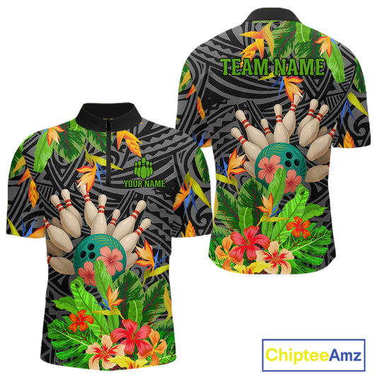 Green tropical flower tribal pattern Bowling Shirts For Men Custom Bowling Team Jersey Bowlers Outfit NQS11005