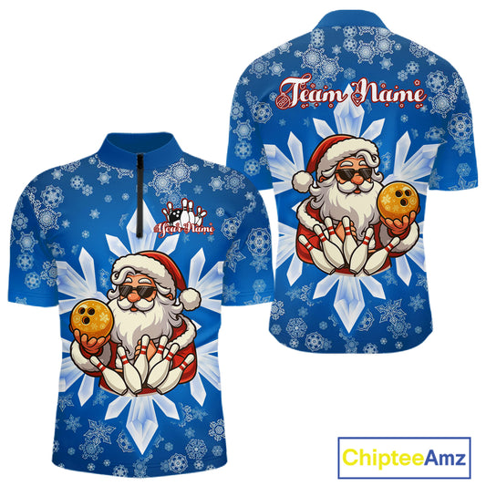 Blue Snowflake Funny Santa Bowling Shirts For Men Custom Christmas Bowling Team Jersey Xmas Gifts NQS11007