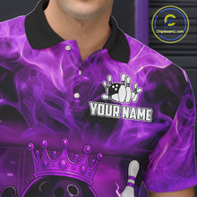 Load image into Gallery viewer, Funny Crown Bowling Purple Flame Bowling Polo, Quarter Zip Shirt For Men Custom Bowling Team Jersey NQS11721