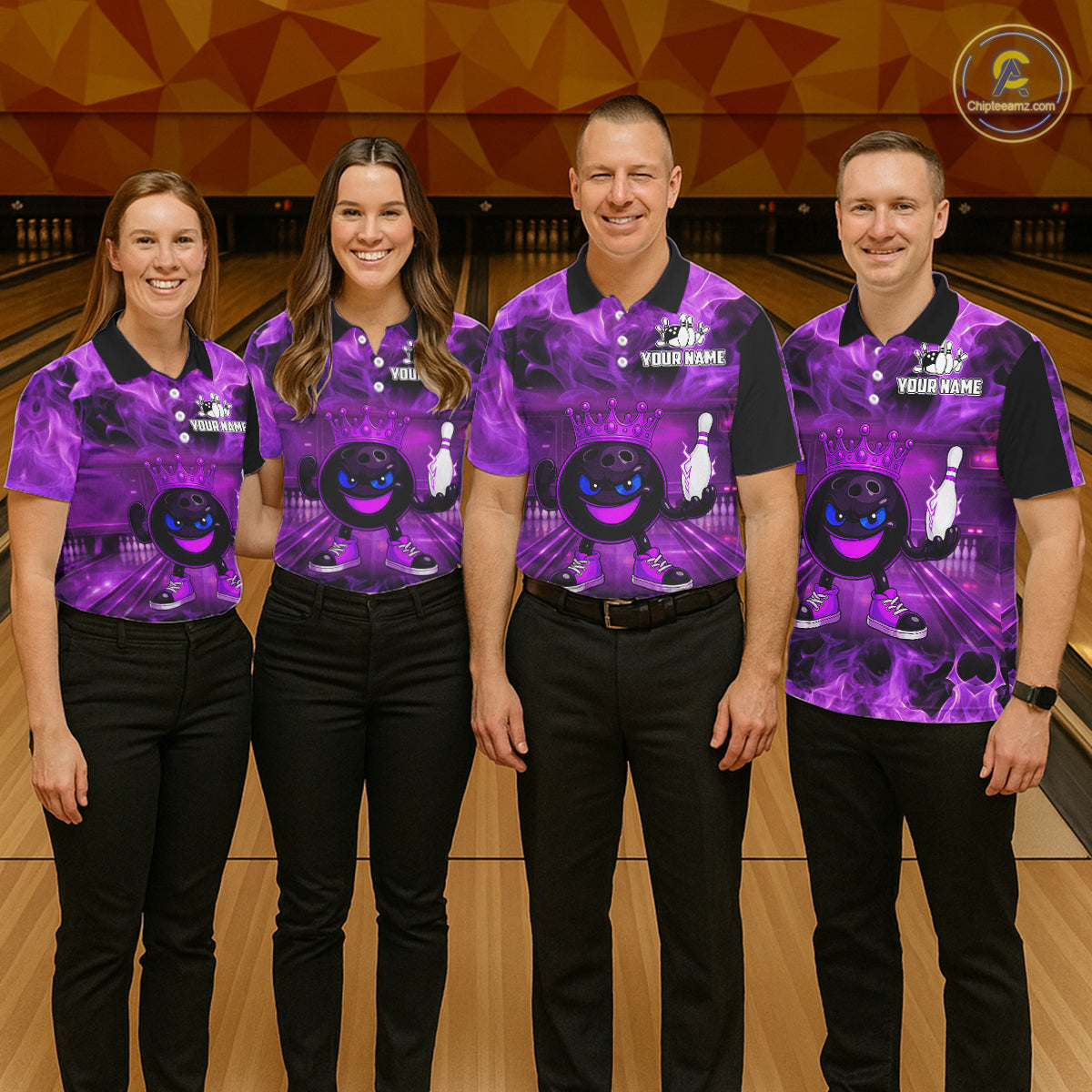 Funny Crown Bowling Purple Flame Bowling Polo, Quarter Zip Shirt For Men Custom Bowling Team Jersey NQS11721