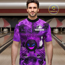 Load image into Gallery viewer, Funny Crown Bowling Purple Flame Bowling Polo, Quarter Zip Shirt For Men Custom Bowling Team Jersey NQS11721