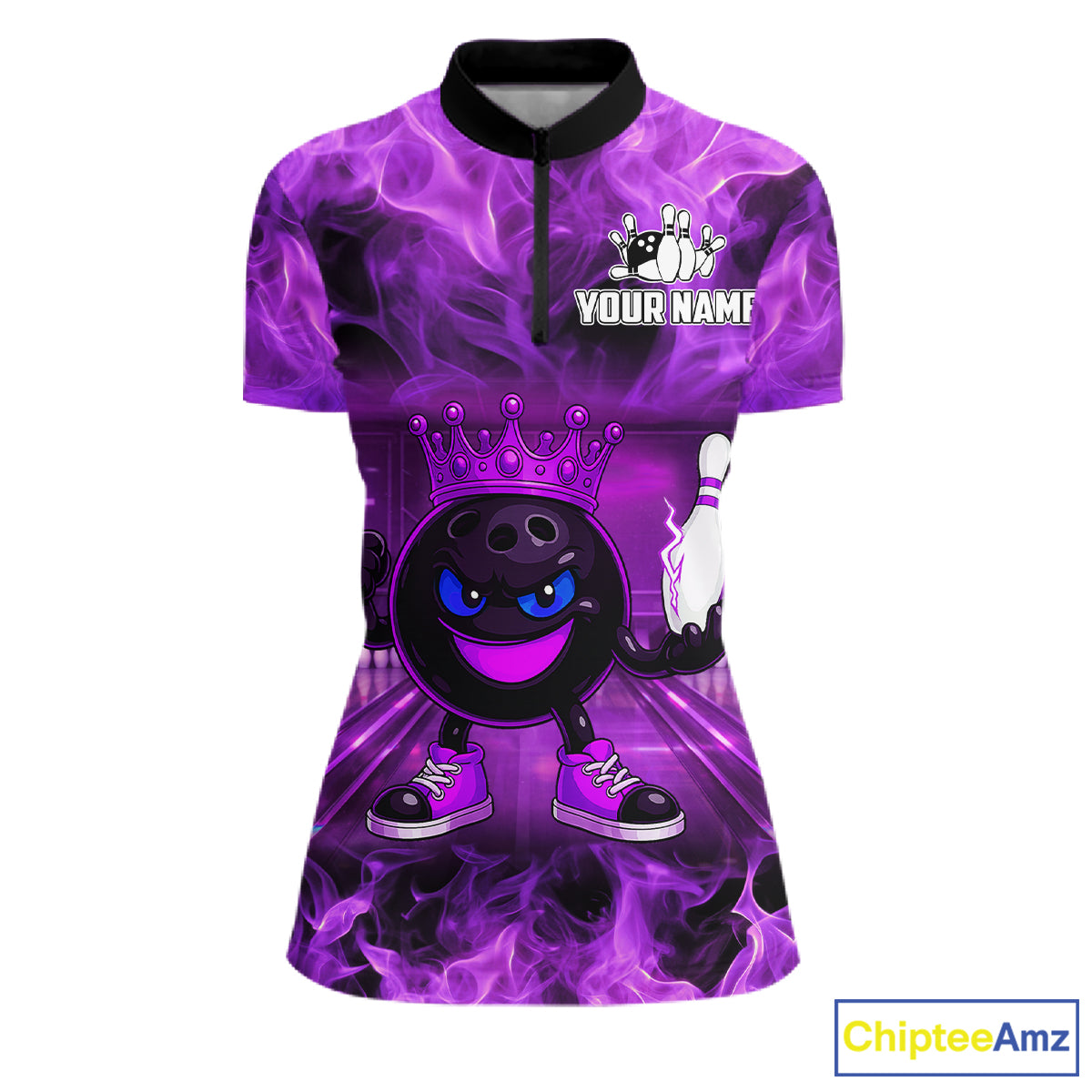 Funny Crown Bowling Purple Flame Bowling Polo, Quarter Zip Shirt For Women Custom Bowling Team Jersey NQS11721