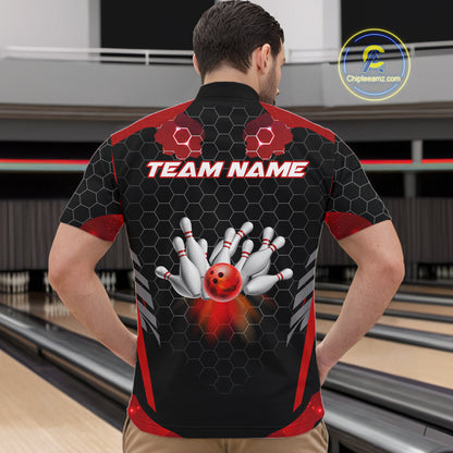 Black and Red Hexagon pattern Bowling Shirts For Men custom bowling team jersey with name NQS11020