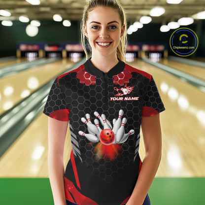 Black and Red Hexagon pattern Bowling Shirts For Women custom bowling team jersey with name NQS11020
