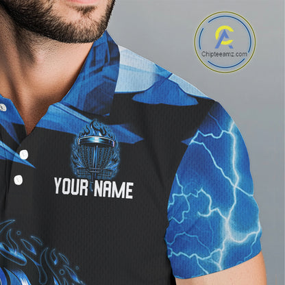 Black and Blue Flame Lightning Thunder Disc golf polo shirts For men Custom Mens disc golf attire NQS10846