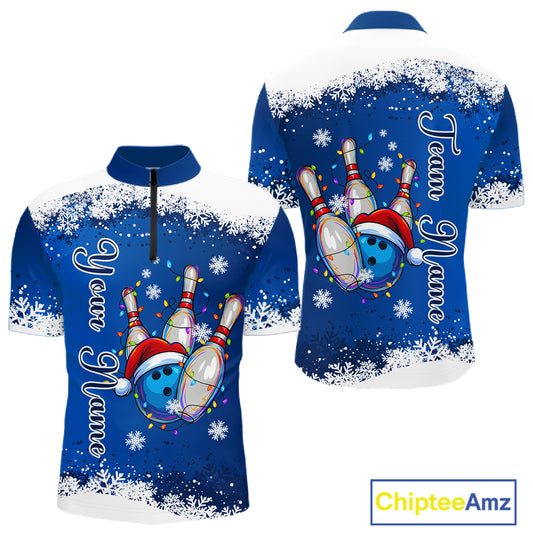 Blue and White snowflake Christmas Bowling Shirts For Men custom Xmas bowling team jersey with name NQS11026