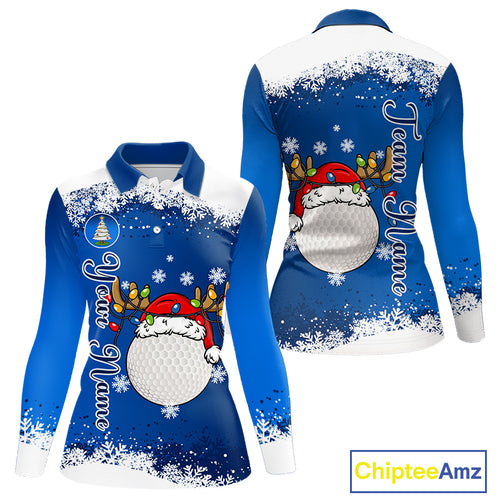 Blue and White Christmas Golf Polo shirts For women Custom ladies golf tops, Xmas golf gifts NQS11027
