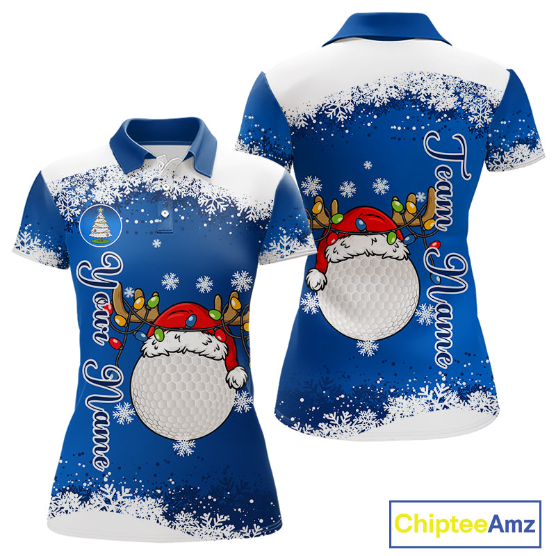 Blue and White Christmas Golf Polo shirts For women Custom ladies golf tops, Xmas golf gifts NQS11027