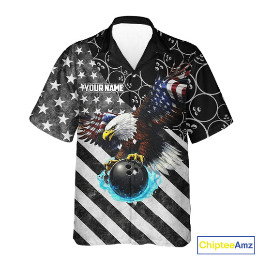 Black & White American flag Eagle Button-up bowling shirt custom Patriotic Bowling Team League Jersey NQS11424