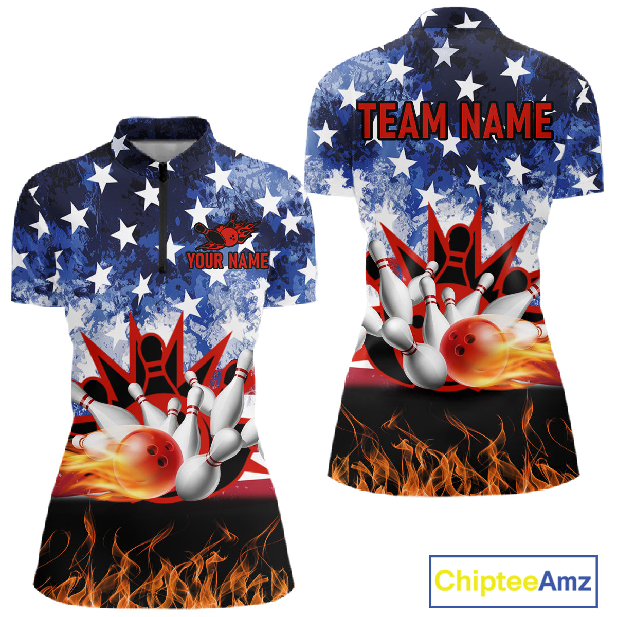 Custom American Flag Flame Bowling Polo, Quarter Zip Shirts For Women, Patriotic Bowling Team Jersey NQS11041