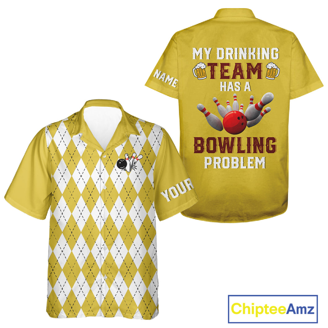 Yellow argyle pattern Beer Bowling Hawaiian Shirt Custom My drinking team has a bowling problem NQS10862