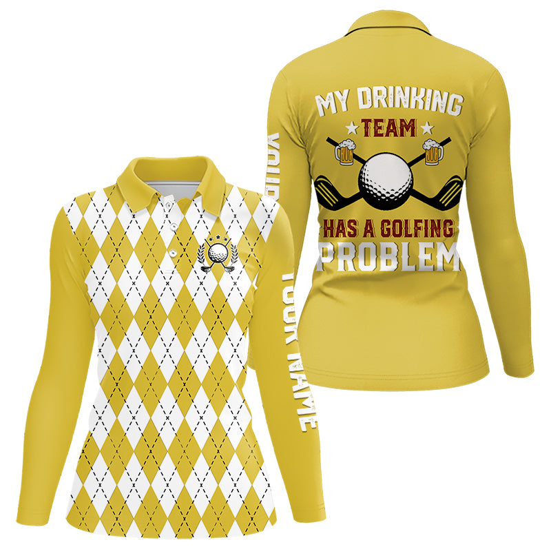 Yellow argyle pattern Beer Golf Polo Shirts For Women Custom My drinking team has a golfing problem NQS10863