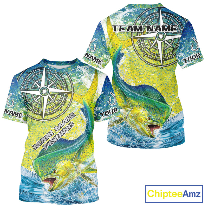 Personalized Mahi Mahi Fishing Shirts Green Scales Compass Performance Tournament Mahi Mahi Jerseys NQS11441