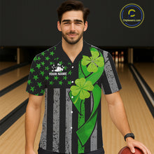 Load image into Gallery viewer, Custom Black Grunge US Flag Patriotic Bowling Button-up Shirt Green Shamrock St Patrick Team Jersey NQS11447