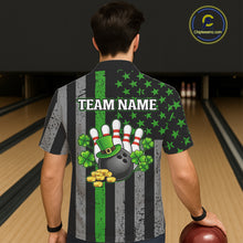 Load image into Gallery viewer, Custom Black Grunge US Flag Patriotic Bowling Button-up Shirt Green Shamrock St Patrick Team Jersey NQS11447