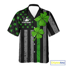Load image into Gallery viewer, Custom Black Grunge US Flag Patriotic Bowling Button-up Shirt Green Shamrock St Patrick Team Jersey NQS11447