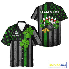 Load image into Gallery viewer, Custom Black Grunge US Flag Patriotic Bowling Button-up Shirt Green Shamrock St Patrick Team Jersey NQS11447