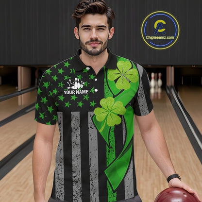 Custom Black Grunge US Flag Patriotic Bowling Shirt For Men Green Shamrock St Patrick Team Jersey NQS11447