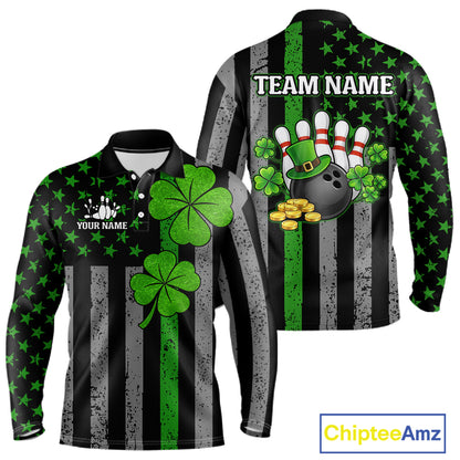 Custom Black Grunge US Flag Patriotic Bowling Shirt For Men Green Shamrock St Patrick Team Jersey NQS11447