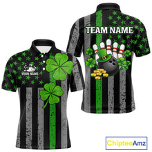 Load image into Gallery viewer, Custom Black Grunge US Flag Patriotic Bowling Shirt For Men Green Shamrock St Patrick Team Jersey NQS11447
