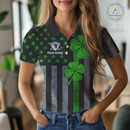 Custom Black Grunge US Flag Patriotic Golf Polo shirt for Women Green Shamrock St Patrick Team Jersey NQS11448
