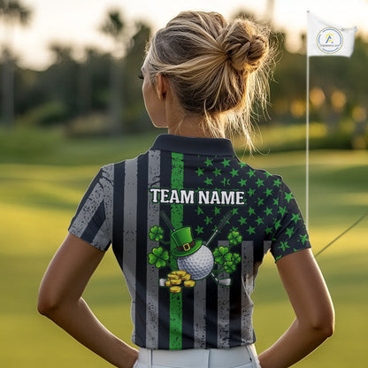 Custom Black Grunge US Flag Patriotic Golf Polo shirt for Women Green Shamrock St Patrick Team Jersey NQS11448
