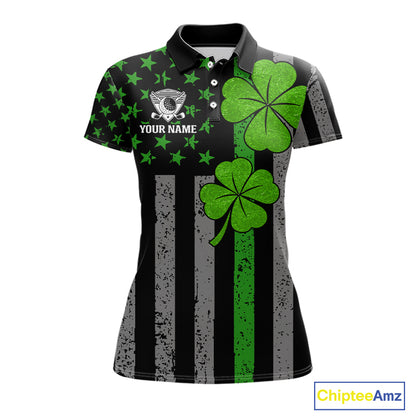 Custom Black Grunge US Flag Patriotic Golf Polo shirt for Women Green Shamrock St Patrick Team Jersey NQS11448
