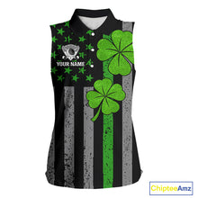 Load image into Gallery viewer, Custom Black Grunge US Flag Patriotic Sleeveless Polo shirts Green Shamrock St Patrick Golf Jersey NQS11448