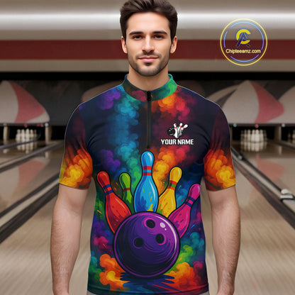 Colorful smoke Bowling Polo, Quarter Zip Shirt for Men Custom Bowling Team shirts for bowlers NQS10646