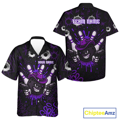 Funny Black and Purple Bowling Cowboy gun Bowling Hawaiian Shirt Custom bowling team button up shirt NQS10659