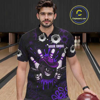 Funny Black and Purple Bowling Cowboy gun Men bowling polo, 1/4 zip shirts Custom bowling team jersey NQS10659