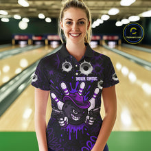 Load image into Gallery viewer, Funny Black &amp; Purple Bowling Cowboy gun Women bowling polo, 1/4 zip shirt Custom bowling team jersey NQS10659